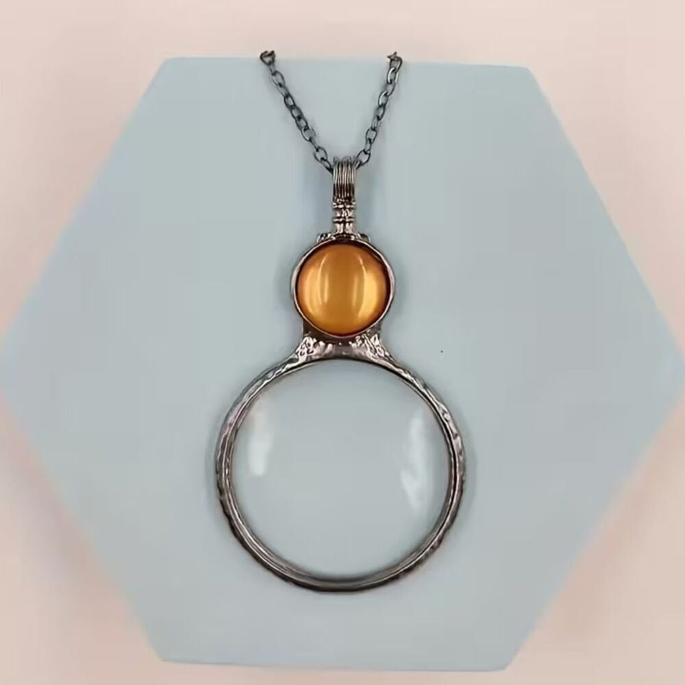 Orange Gemstone Magnifying Glass Necklace Round Lens Pendant Retro Crystal Charm